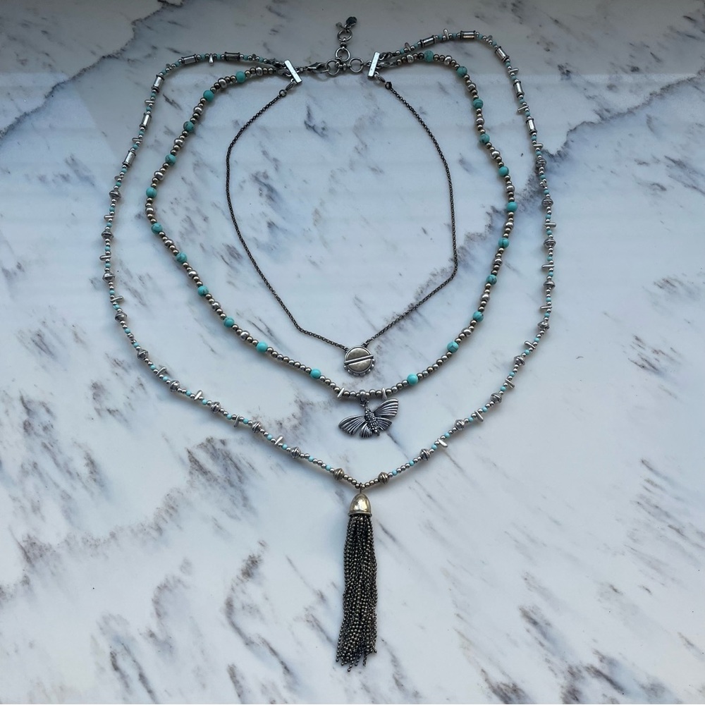 EUC Lucky Brand Multi Ways Necklace Silver, Vintage Gold and turquoise teal